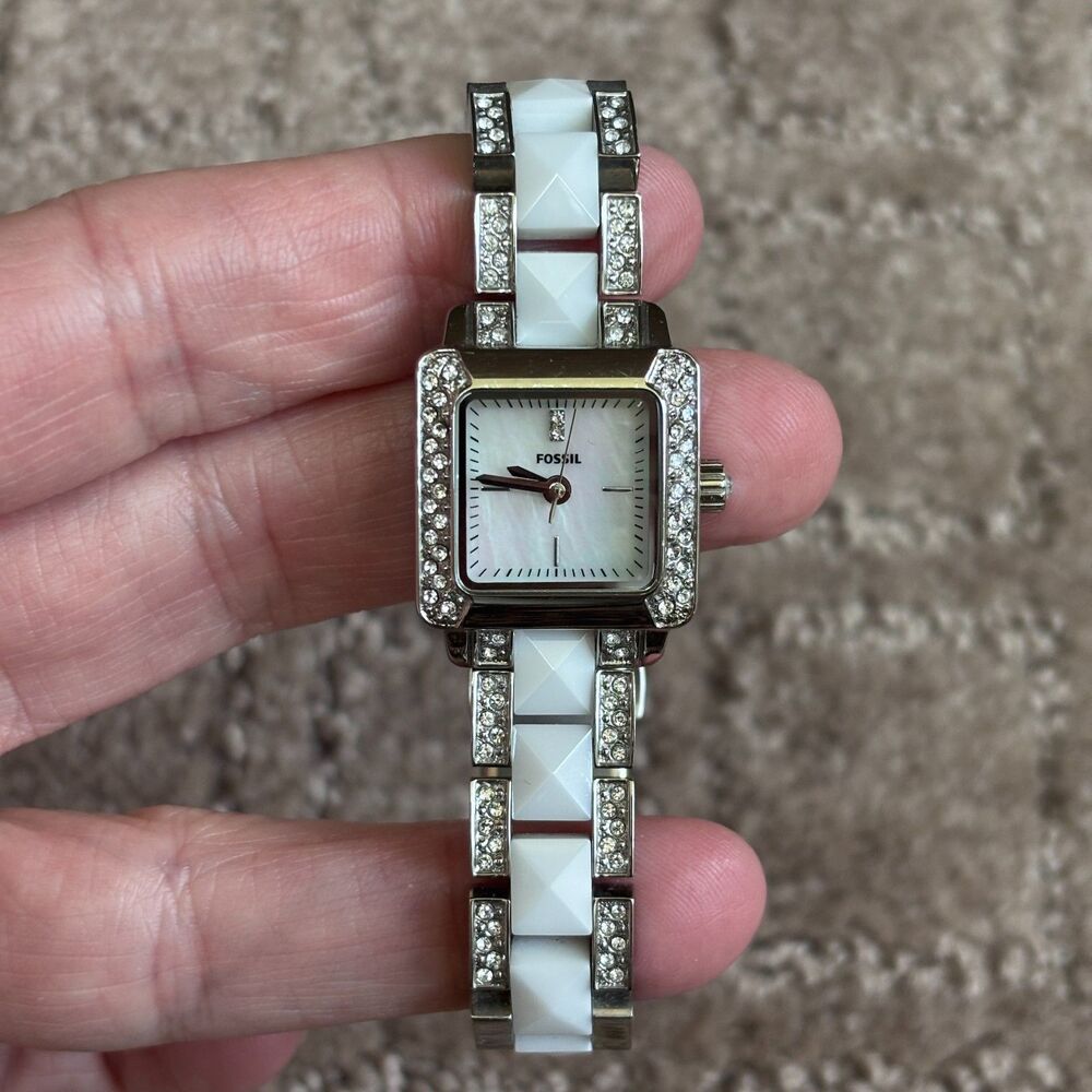 Fossil Silver Tone Stainless Steel Mother of Pearl Watch Women Bling Adjustable